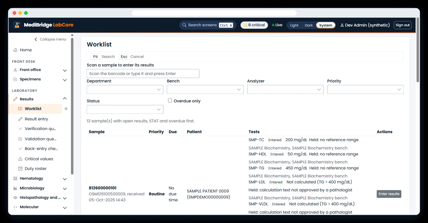 MediBridge LabCore results worklist — product screen with synthetic sample data