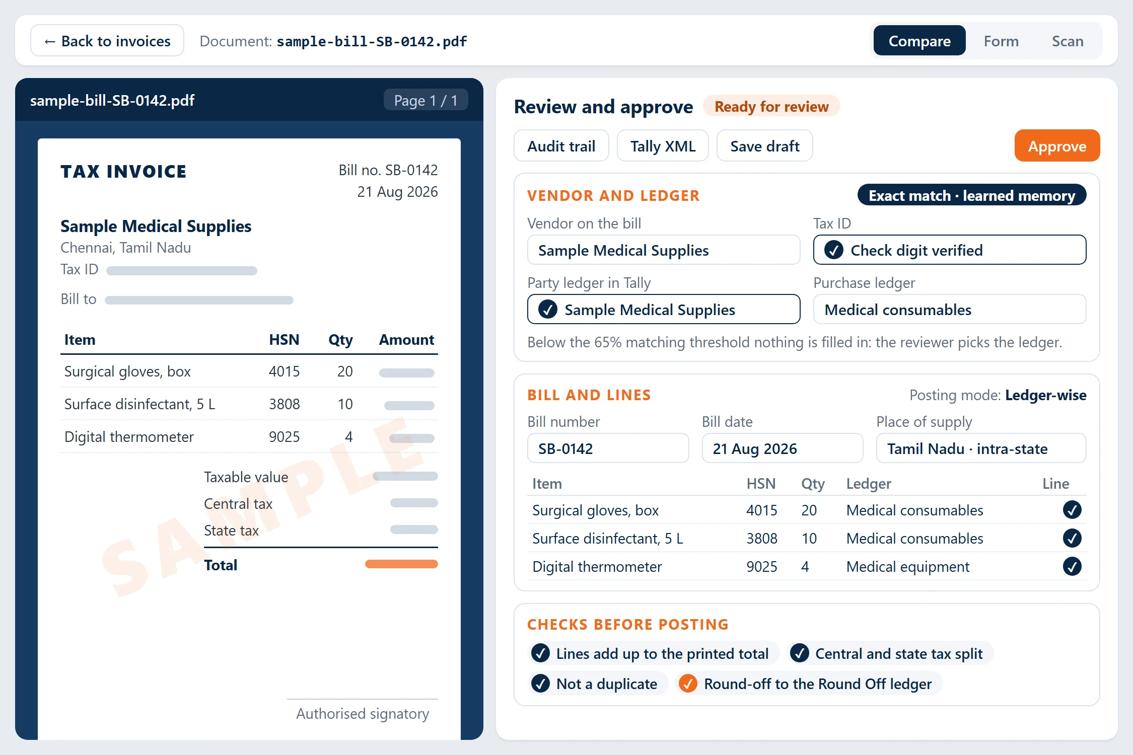 LedgerFlow AI review screen: the supplier bill beside the editable grid, with sample data